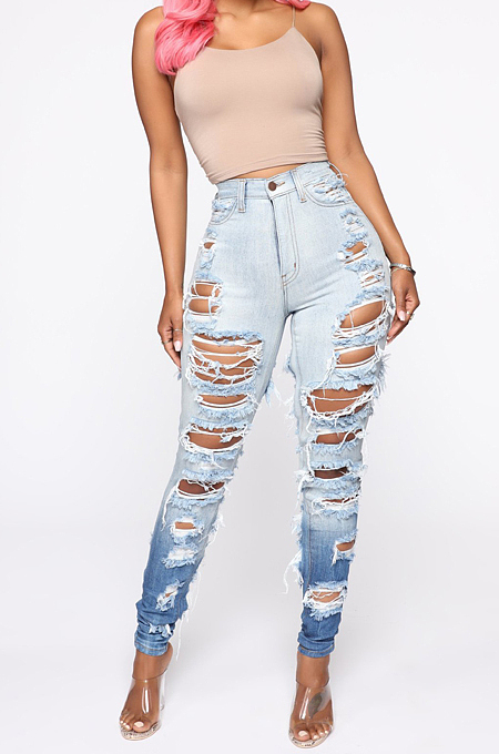 Light Blue Casual Wash Water Hole Gradient Stretch Jean Pant LA3285 