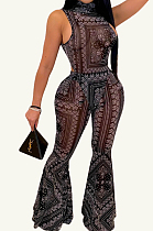 Black Fashion Casual Totem Printing Flare Pant Two Piece H1501-2