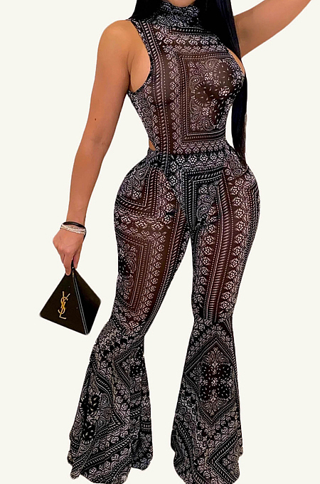 Black Fashion Casual Totem Printing Flare Pant Two Piece H1501-2