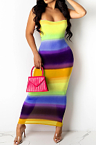 Yellow Digiral Printing Contrast Color Sexy Sling Back Cross Bodycon Dress SZS8108-2