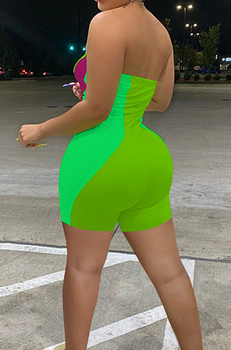 Neon Green Sexy Digital Printing Stripe Strapless Fshion Romper Shorts SZS8106-3