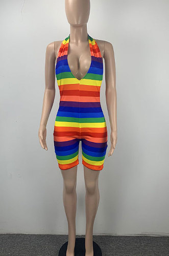 Women Fashion Sexy Deep V Neck Colorful Printing Halter Neck Backless Romper Shorts ML7451