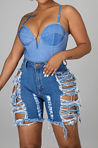 Jeans Blue Casual Wash Water Hole Sexy Jeans Shorts LA3283