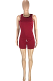 Wine Red  Fashion Casual Round Neck Collect Wasit Bind Slim Fitting Short Sleeve Shorts Sports Sets SM9195-2