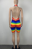 Women Fashion Sexy Deep V Neck Colorful Printing Halter Neck Backless Romper Shorts ML7451