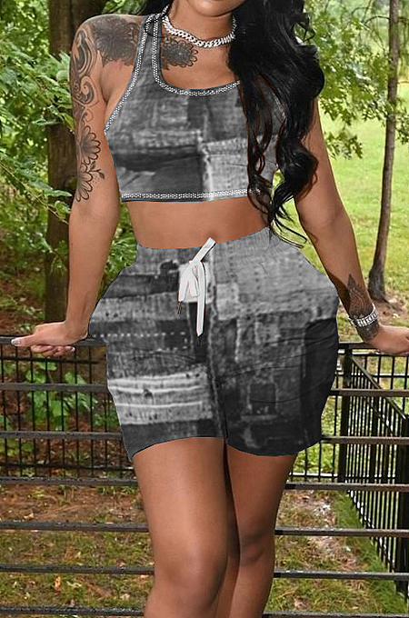 Black Summer Fashion Printing Tank Shorts Sports Sets TK6190-4