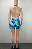 Green Women Fashion Sexy Deep V Neck Printing Halter Neck Backless Romper Shorts ML7450-2