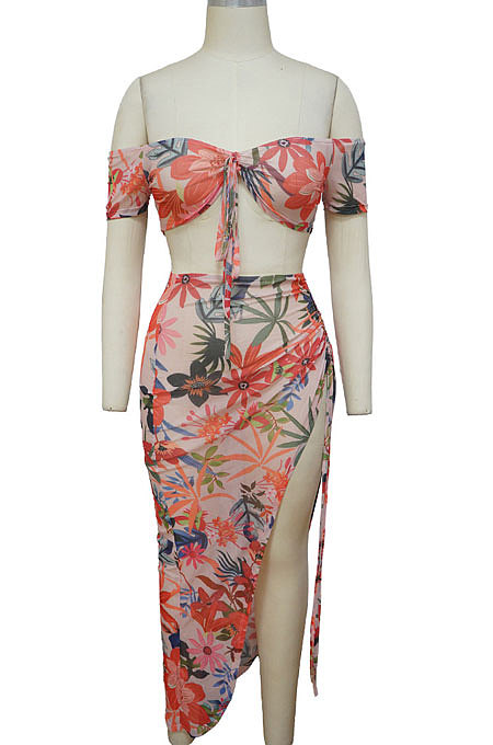 White Printing Bandage Shirred Detail Open Fork Skirts Sets MY9930-1