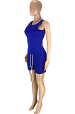 Royal Blue Fashion Casual Round Neck Collect Wasit Bind Slim Fitting Short Sleeve Shorts Sports Sets SM9195-1
