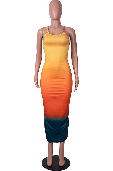 Light Orange Sexy Digital Gradient Sling Back Cross Fashion Dress SZS8098-1