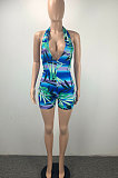 Green Women Fashion Sexy Deep V Neck Printing Halter Neck Backless Romper Shorts ML7450-2
