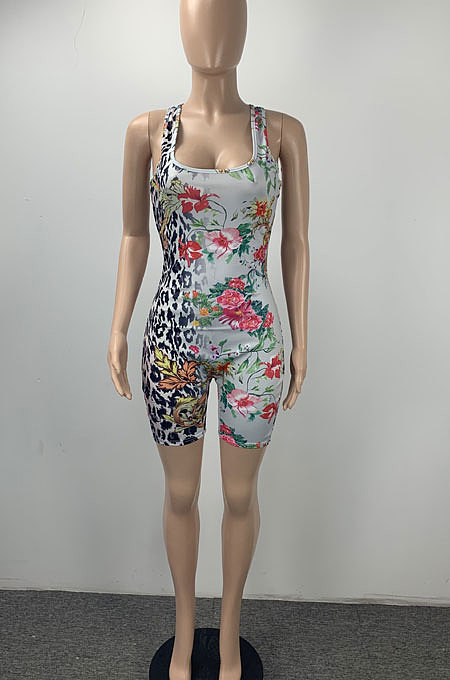 Gray Women Trendy Printing Bodycon Sleeveless Romper Shorts ML7448-4
