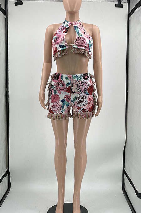 Rose Printing Tassel Vest Sleeveless Sexy Navel Exposure Tops Shorts Sets MLM9073-3
