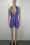 Blue Women Fashion Sexy Deep V Neck Printing Halter Neck Backless Romper Shorts ML7450-1