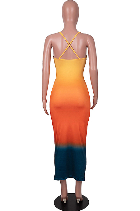 Light Orange Sexy Digital Gradient Sling Back Cross Fashion Dress SZS8098-1
