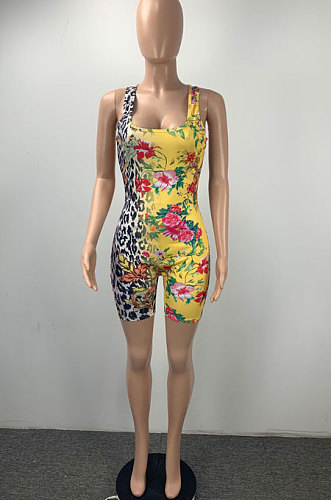 Yellow Women Trendy Printing Bodycon Sleeveless Romper Shorts ML7448-3