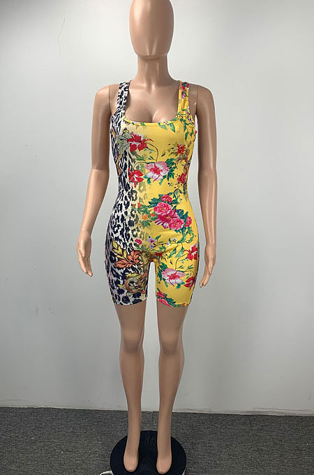 Yellow Women Trendy Printing Bodycon Sleeveless Romper Shorts ML7448-3