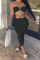 Black Women Pure Color Dew Waist Backless Sexy Trendy Midi Dress AMN8020-3