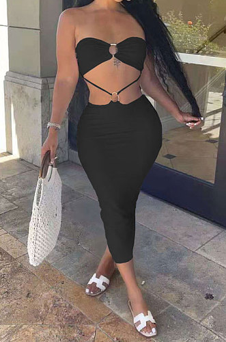 Black Women Pure Color Dew Waist Backless Sexy Trendy Midi Dress AMN8020-3
