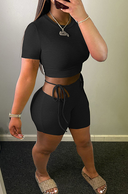 Black Fashion Pit Bar Round Neck Short Sleeve Shorts Two Piece WJ5225-3