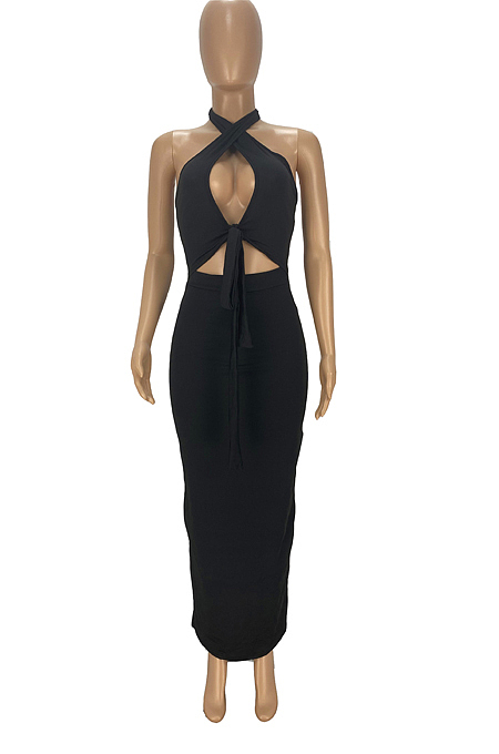 Black Halter Neck Backless Slim Fitting Long Dress WJ5226-1