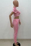Pink Women Pure Color Casual Cute Agaric Edge Pants Sets AMW8325-2