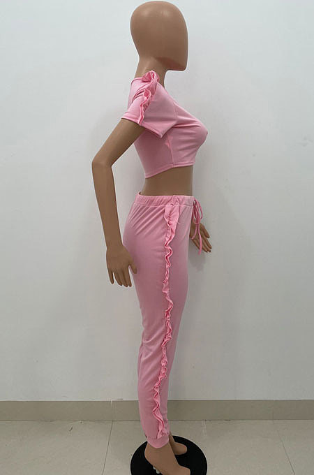 Pink Women Pure Color Casual Cute Agaric Edge Pants Sets AMW8325-2