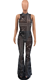 Black Fashion Casual Totem Printing Flare Pant Two Piece H1501-2