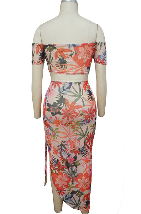 White Printing Bandage Shirred Detail Open Fork Skirts Sets MY9930-1