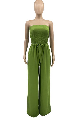 Olive Green Women Pure Color Boob Tube Top Wide Leg Jumpsuits AD0605-1