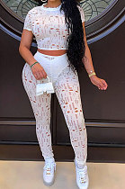 White Women Short Sleeve Knitting Hole Pants Sets YF9173-1