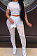 White Women Short Sleeve Knitting Hole Pants Sets YF9173-1