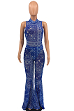 Blue Fashion Casual Totem Printing Flare Pant Two Piece H1501-1