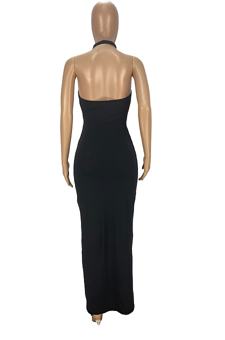 Black Halter Neck Backless Slim Fitting Long Dress WJ5226-1