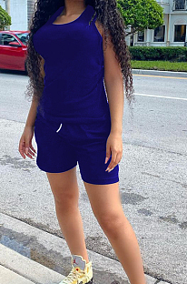 Royal Blue Fashion Casual Round Neck Collect Wasit Bind Slim Fitting Short Sleeve Shorts Sports Sets SM9195-1