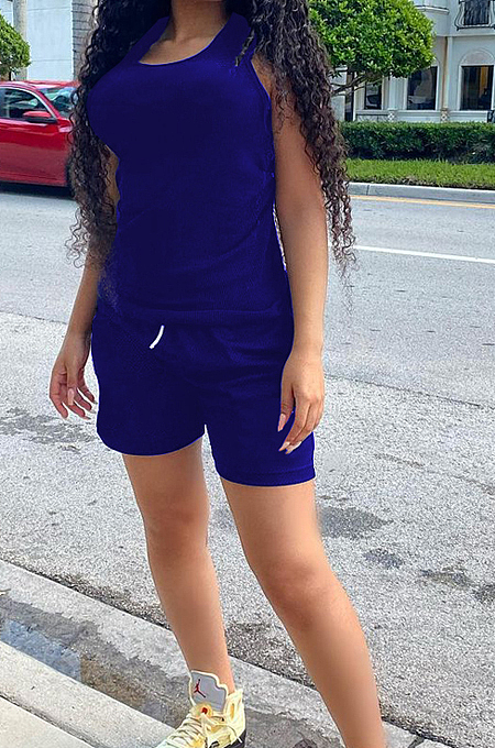 Royal Blue Fashion Casual Round Neck Collect Wasit Bind Slim Fitting Short Sleeve Shorts Sports Sets SM9195-1