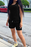 Black Fashion Casual Round Neck Collect Wasit Bind Slim Fitting Short Sleeve Shorts Sports Sets SM9195-3