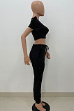 Black Women Pure Color Casual Cute Agaric Edge Pants Sets AMW8325-3