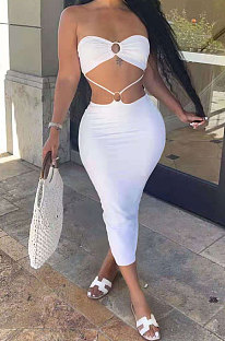 Beige Women Pure Color Dew Waist Backless Sexy Trendy Midi Dress AMN8020-1