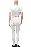 White Women Short Sleeve Knitting Hole Pants Sets YF9173-1