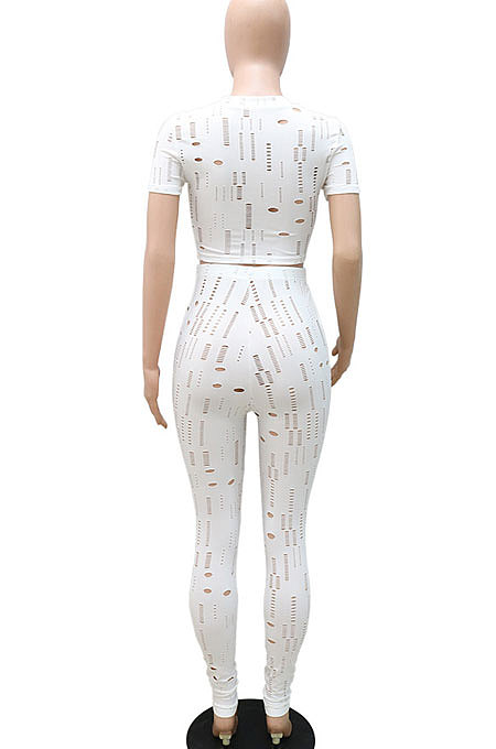 White Women Short Sleeve Knitting Hole Pants Sets YF9173-1