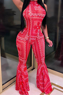 Red Fashion Casual Totem Printing Flare Pant Two Piece H1501-3