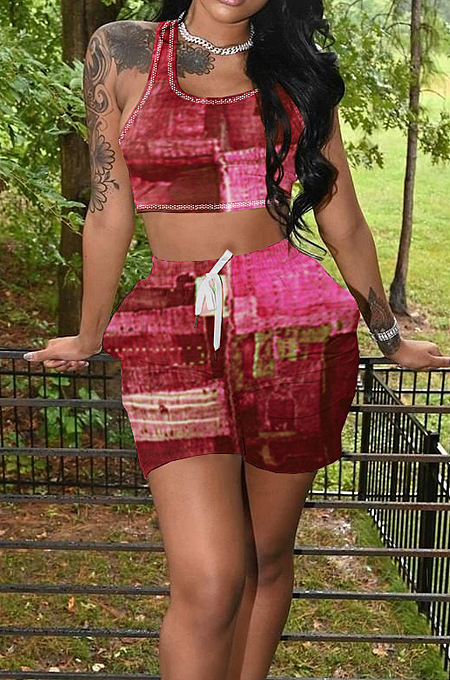 Red Summer Fashion Printing Tank Shorts Sports Sets TK6190-3