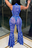 Blue Fashion Casual Totem Printing Flare Pant Two Piece H1501-1
