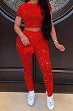 Red Women Short Sleeve Knitting Hole Pants Sets YF9173-2