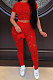 Red Women Short Sleeve Knitting Hole Pants Sets YF9173-2
