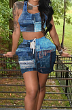 Dark Blue Summer Fashion Printing Tank Shorts Sports Sets TK6190-1