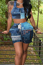 Dark Blue Summer Fashion Printing Tank Shorts Sports Sets TK6190-1