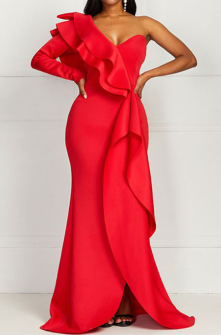 Red Fashion Sexy One Shoulder Slim Fitting The Dress Skirt QY5071-1