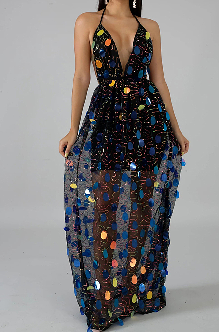 Black Fashion Backless Bind Sequins Sesy Long Dress LA3147-1